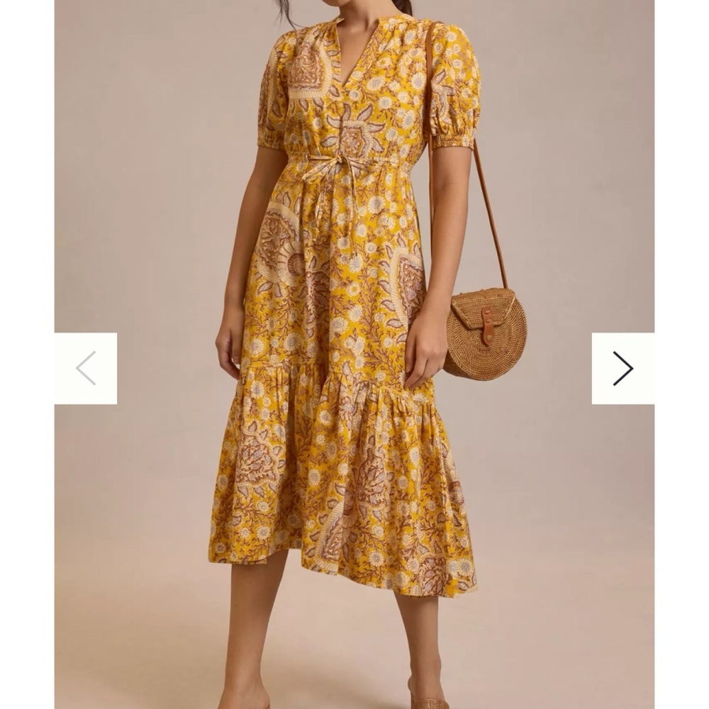 By Anthropologie Printed Puff-Sleeve Dress S